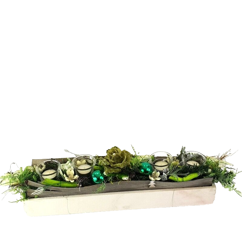 Weihnachtsgesteck silber Seide künstlich mit  4 Glasteelichtern Tischdekoration