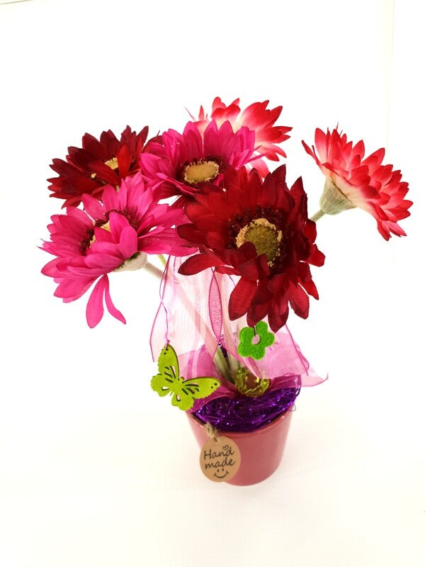 Gesteck Topfblume Gerbera Rosa Pink Kunstblumen Keramikgefäß rund Dekoration