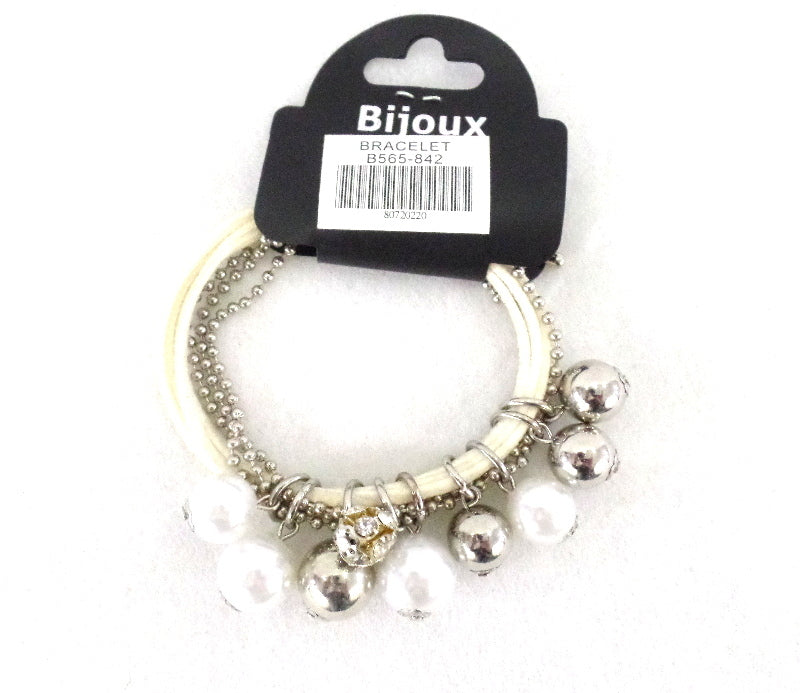 Armband Bijoux 7 reihig Weiß / Silber Perlen Stoff Modeschmuck Karabinerverschl