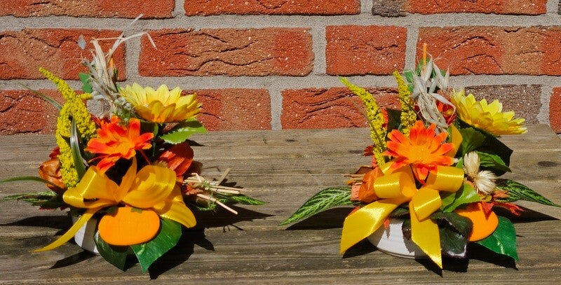 Gesteck 2 x Seide Gelb Orange Kunstblumen Sonnenblume Gerbera rund 25 cm Herbst