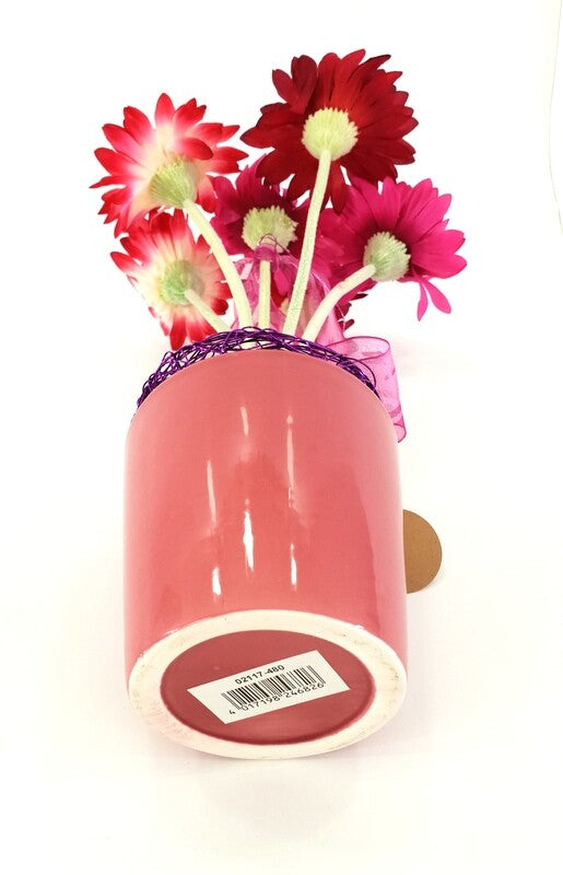 Gesteck Topfblume Gerbera Rosa Pink Kunstblumen Keramikgefäß rund Dekoration