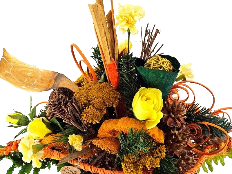 Grabstrauß Gelb Orange Naturmaterial künstliche Blumen Querstrauß Friedhof