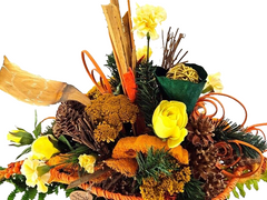 Grabstrauß Gelb Orange Naturmaterial künstliche Blumen Querstrauß Friedhof