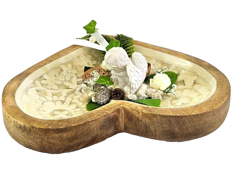 Casa-Poador Herzform aus Mangoholz Emaille Weiß Creme Holzschale Engel Friedhof