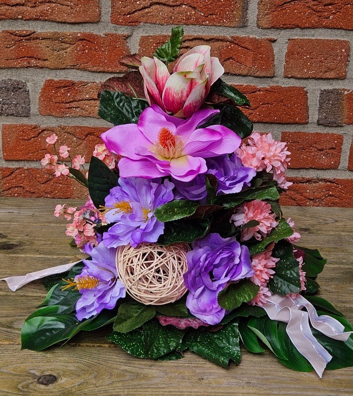 Gesteck Kunstblumen rund Grabgesteck Rosa Magnolie Chrysanthemen Hortensie