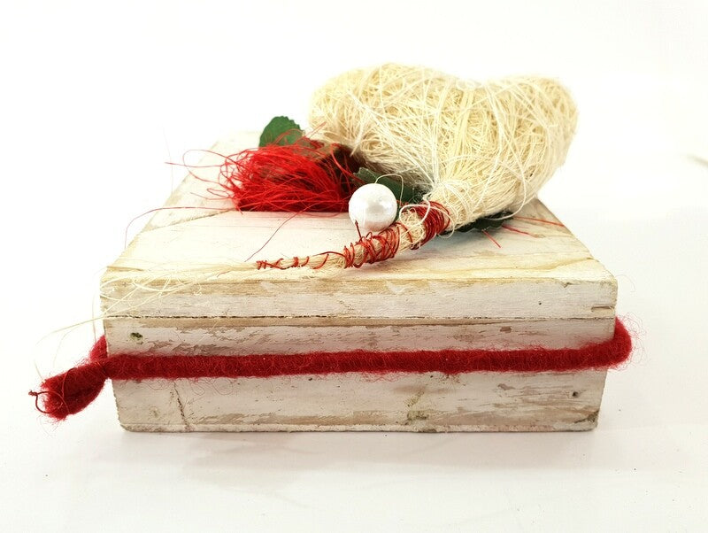 Holz Bilderrahmen Vintage Shabby Gesteck Rot Weiß Rose Sisalherz Kunstblumen