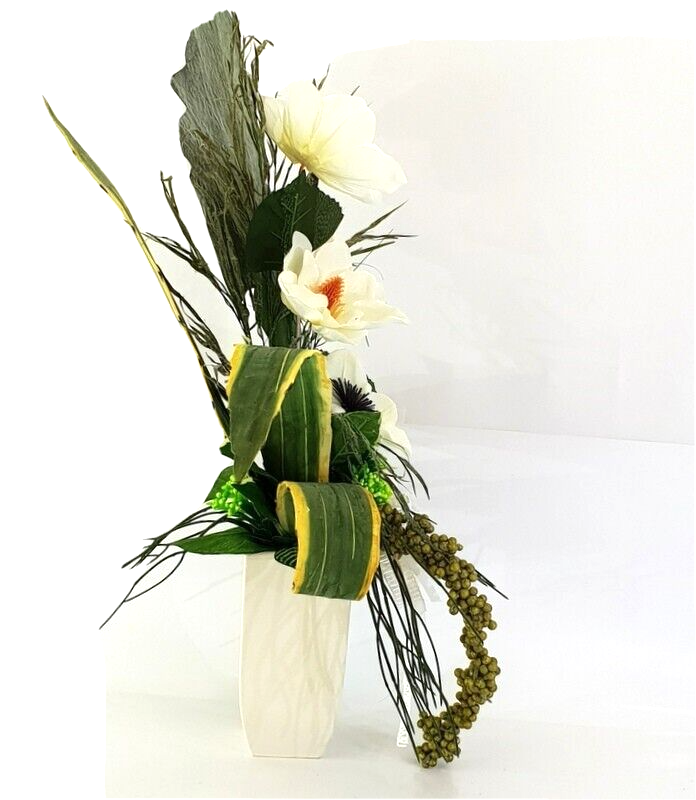 Strauß Weiß Creme Magnolie Foamrose stufig gebunden Sanseverie Kunstblumen 70 cm