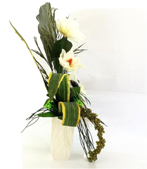 Strauß Weiß Creme Magnolie Foamrose stufig gebunden Sanseverie Kunstblumen 70 cm