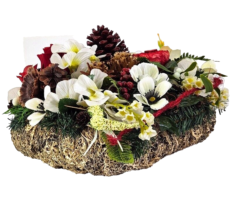 Grabschmuck Herz Kissen Moos 30 cm rot Weiß Rose Kunstblumen Zapfen Grabgesteck
