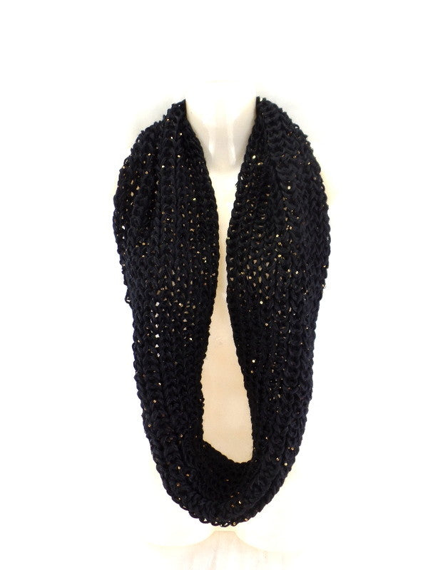 Schal Rund Wickelschal Schwarz Loop goldfarbige Pailetten gestrickt Polyester