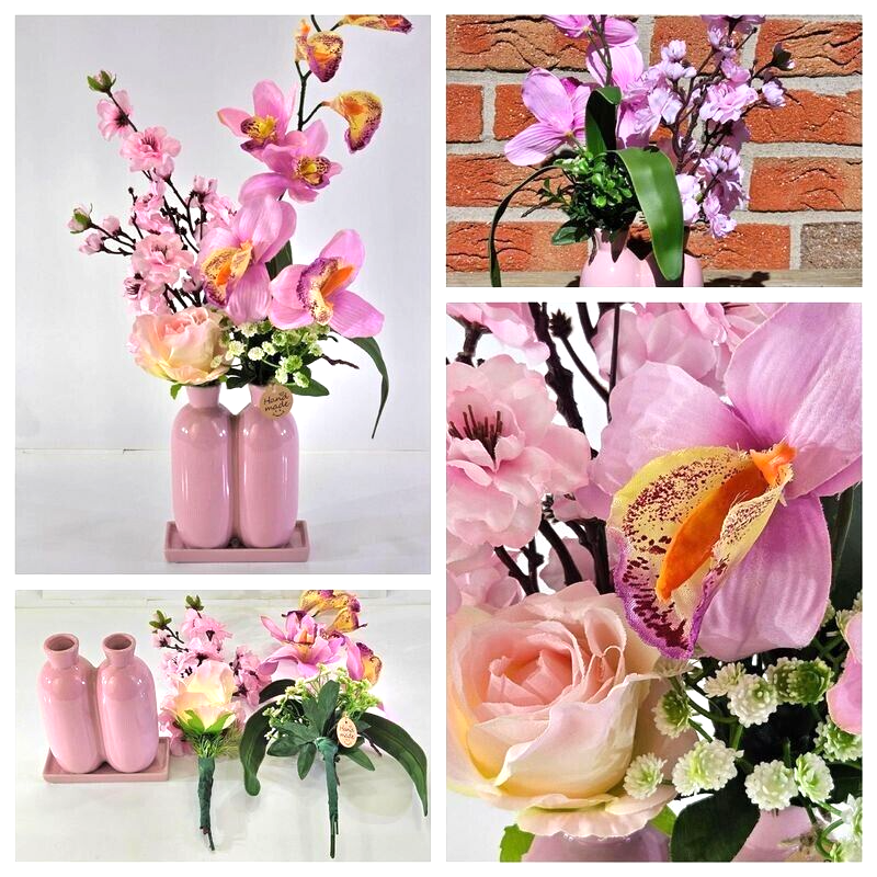 Casa-Poador Vase mit 2 Sträuße Rosa Kunstblumen Cymbidie Dekoration Geschenk