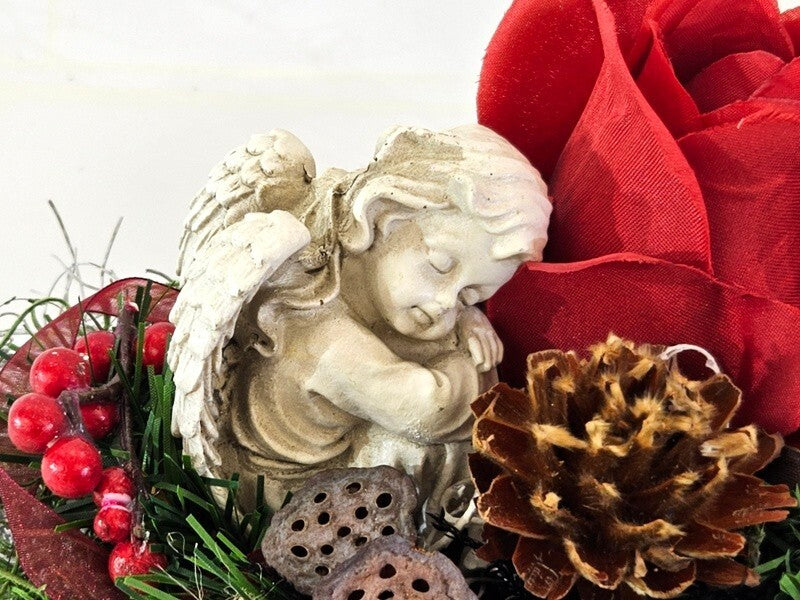 Grabschmuck Herz Reisigesteck Weiß Rot  Kunstblumen Natur