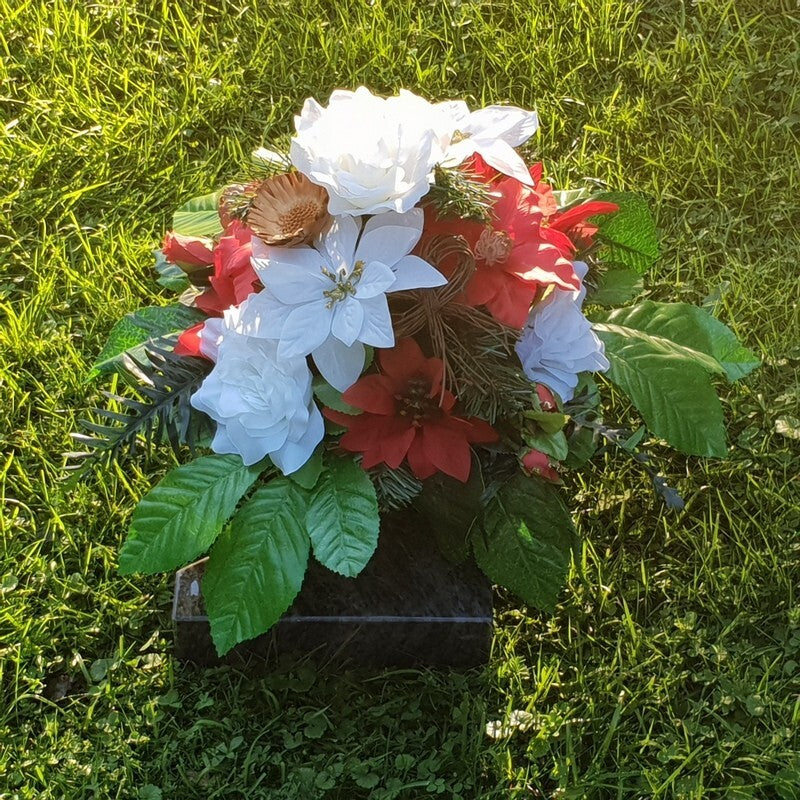Casa-Poador Grabgesteck Schale Rot Weiß Weihnachtsstern Rosen Kunstblumen Zapfen