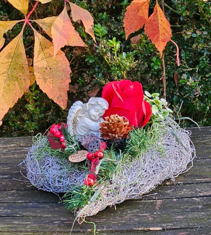 Grabschmuck Herz Reisigesteck Weiß Rot  Kunstblumen Natur