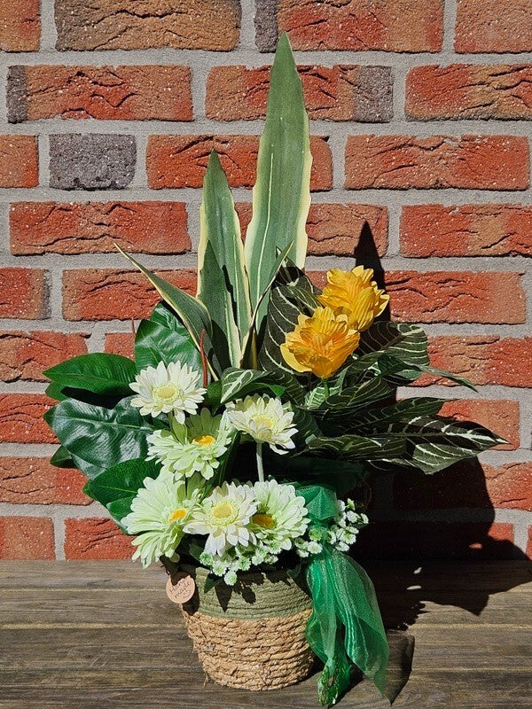 Casa-Poador Gesteck Kunstblumen Korb Topf rund Gelb Weiß Gummibaum Gerbera