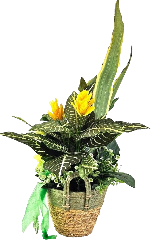 Casa-Poador Gesteck Kunstblumen Korb Topf rund Gelb Weiß Gummibaum Gerbera