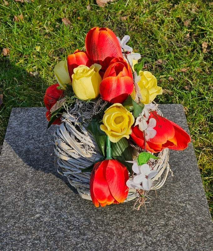 Casa-Poador Gesteck Kunstblumen Naturgefäß rund Kugel Tulpen FrühlingDekoration