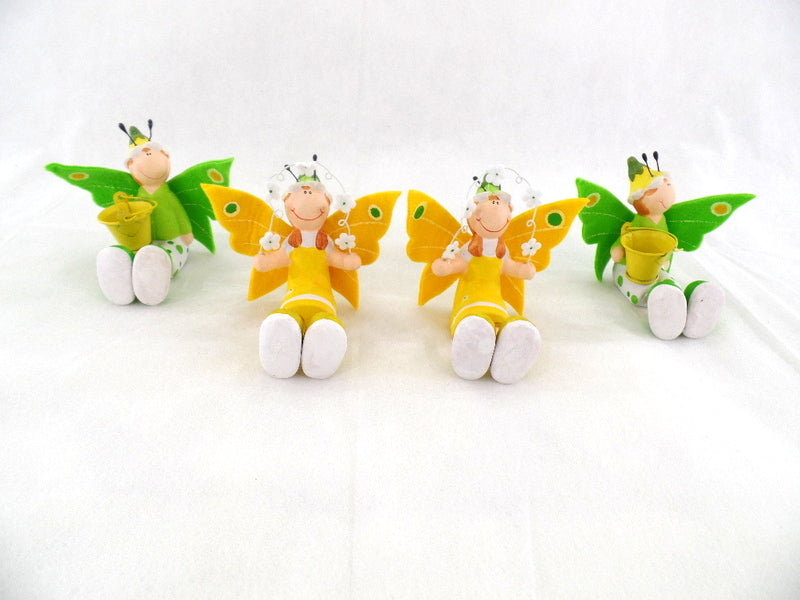 Schmetterling Elfen Figuren Set 4 Stck sitzend Keramik Ton Gelb Grün 8 cm