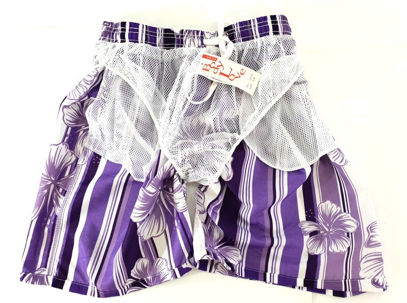 Badehose Badeshorts S / M Lotus Shorts geblümt gestreift Lila Weiß Freizeit