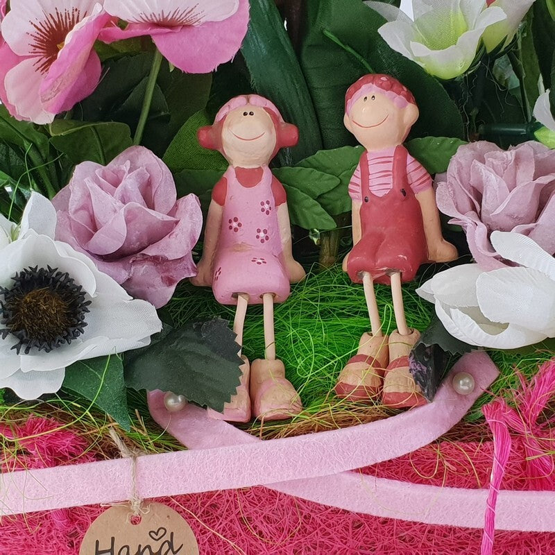 Gesteck Seide Rosa Weiß Kunstblumen Sisaltasche Frühling Magnolie Figuren 32 H