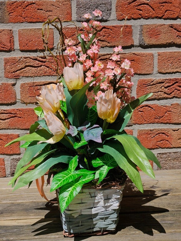 Casa-Poador Kunstblumengesteck im Korb Lachs Apricot Tulpen Rosen Deko Geschenk
