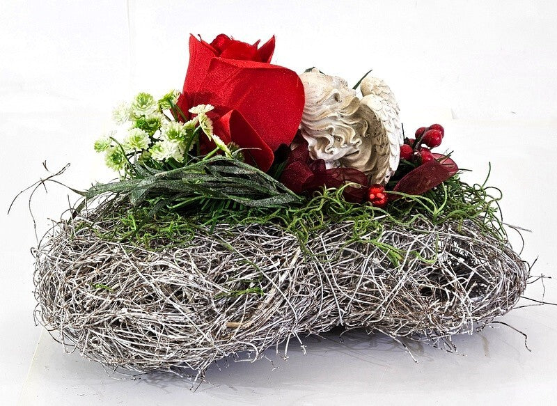 Grabschmuck Herz Reisigesteck Weiß Rot  Kunstblumen Natur