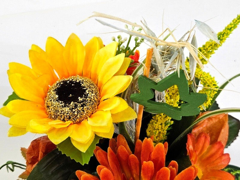 Gesteck 2 x Seide Gelb Orange Kunstblumen Sonnenblume Gerbera rund 25 cm Herbst
