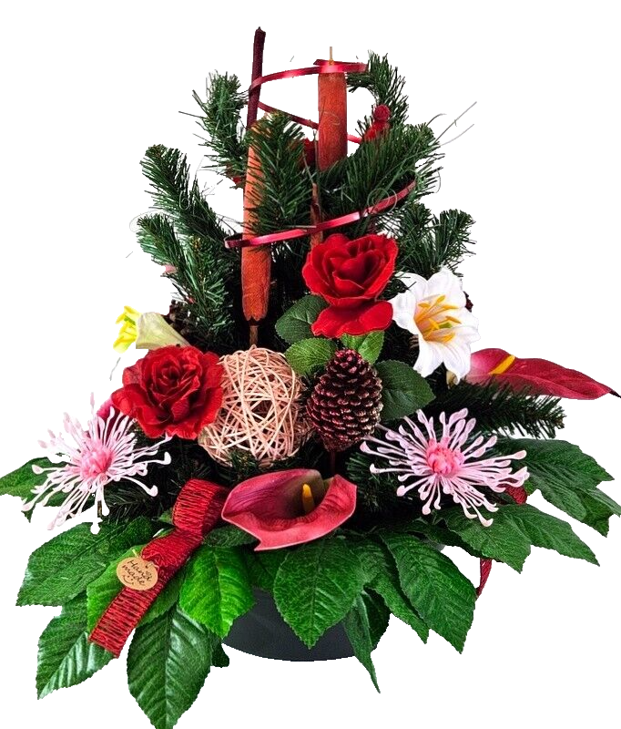 Casa-Poador Grabgesteck Schale Rot Rosa Lilien Rosen Kunstblumen Friedhof