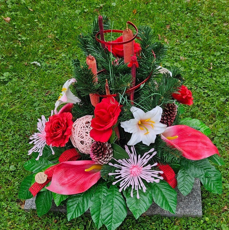 Casa-Poador Grabgesteck Schale Rot Rosa Lilien Rosen Kunstblumen Friedhof