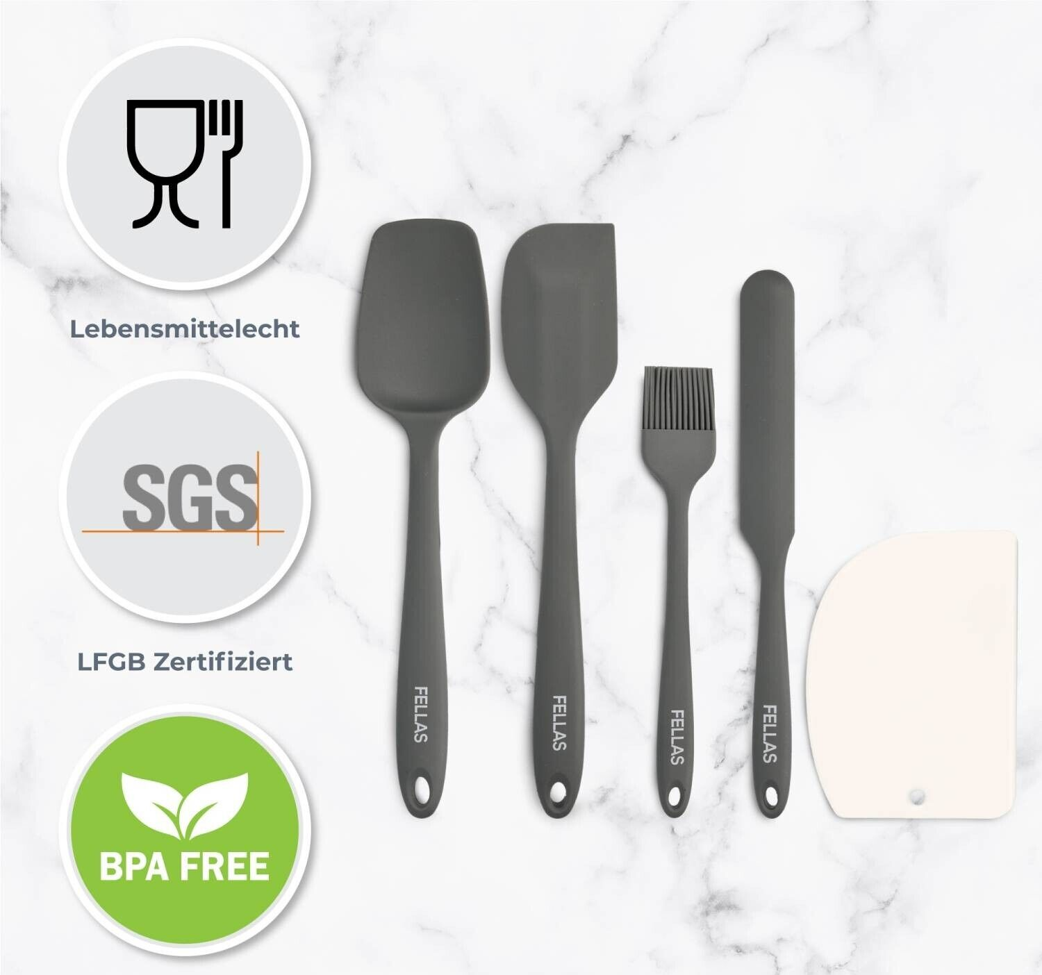 FELLAS – Spatel Set 5-teilig aus Silikon mit Teigschaber und Metallhaken