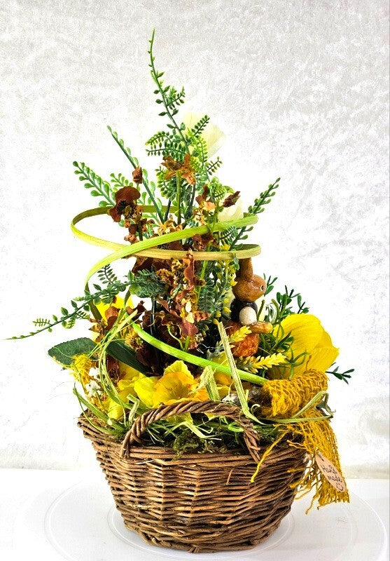 Casa-Poador Gesteck im Korb Osterglocken  Kunstblumen Frühling Hase Dekoration