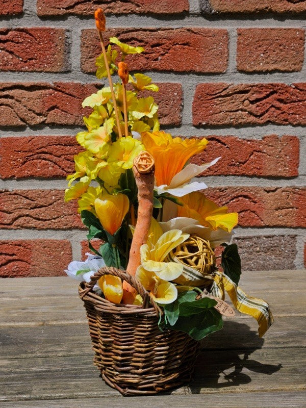 Casa-Poador Gesteck im Korb Osterglocken Primel Kunstblumen Frühling Dekoration