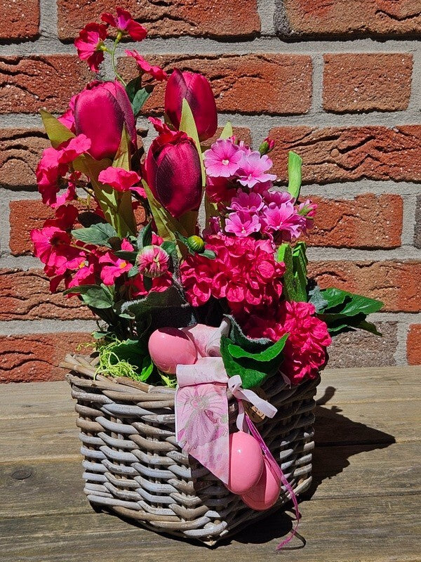 Casa-Poador Ostergesteck Kunstblumen Rosa Korb Tulpe Dahlien Dekoration Geschenk