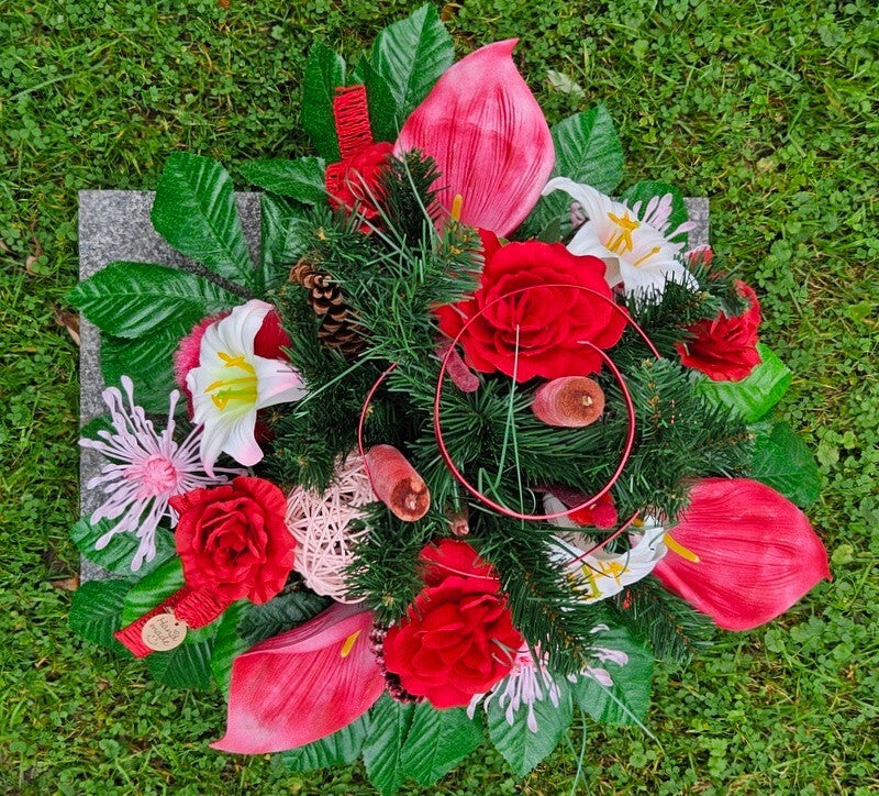 Casa-Poador Grabgesteck Schale Rot Rosa Lilien Rosen Kunstblumen Friedhof