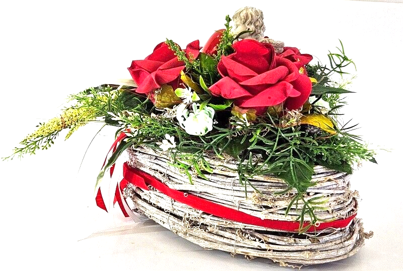 Grabschmuck Herz Reisigesteck Weiß Rot Foumrosen Herz Engel Kunstblumen Friedhof