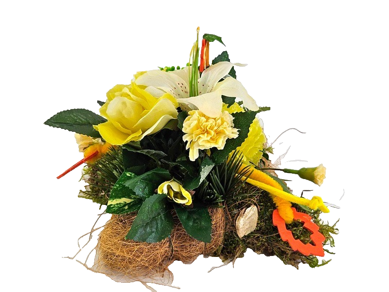 Grabschmuck Gesteck Moos Reisig Kissen künstliche Blumen RoseGelb Natur Friedhof