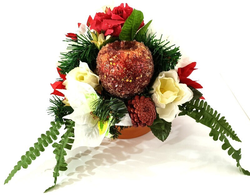 Grabgesteck Schale Weiß Rot Weihnachtsstern Rosen Seidentanne Zapfen Kunstblumen