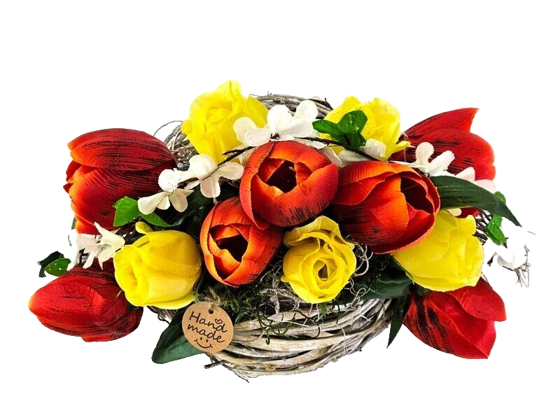 Casa-Poador Gesteck Kunstblumen Naturgefäß rund Kugel Tulpen FrühlingDekoration