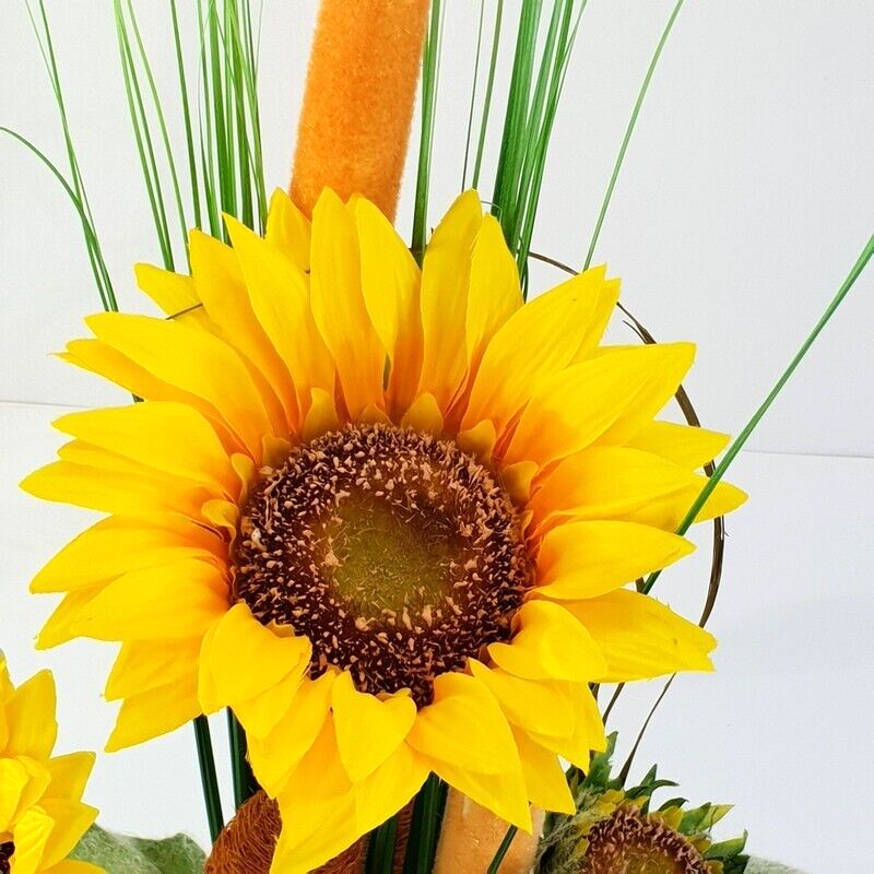 Gesteck Kunstblumen Sonnenblumen Mais im Topf Gelb Orange Figur Früchte