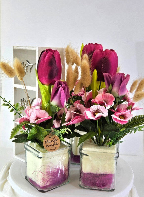 Casa-Poador Gesteck Kunstblumen Tulpen Lagurus Glas künstlich Geschenk Deko