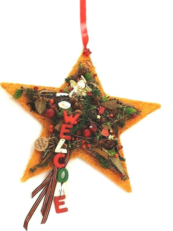 Adventsstern Tür Wand Kranz künstlich 35 cm Sisal Stern Orange Rot Gold Natur