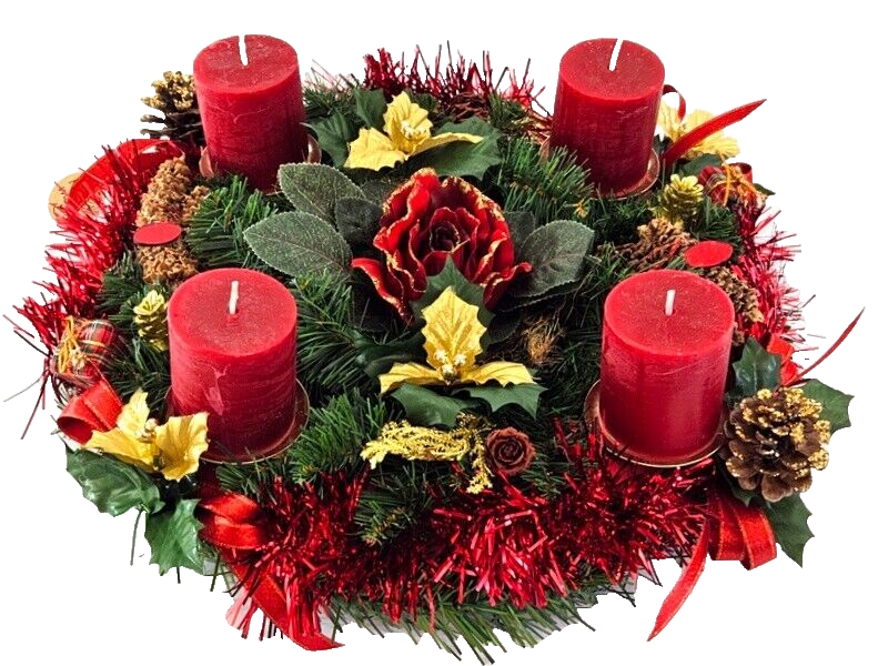 Adventskranz Rot Gold künstliche Tanne 30 cm Kerzen Zapfen Rote Rose