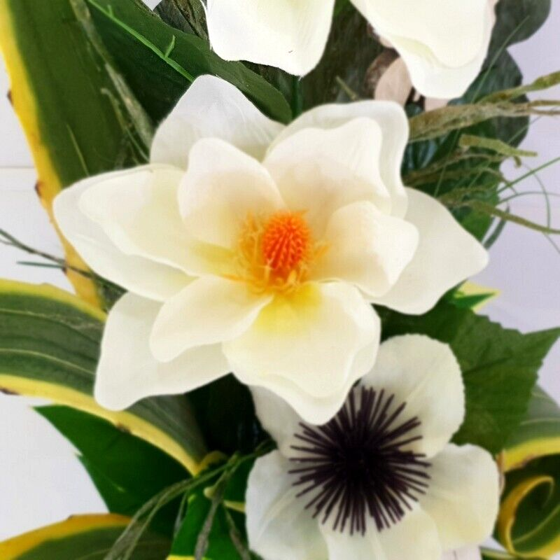 Strauß Weiß Creme Magnolie Foamrose stufig gebunden Sanseverie Kunstblumen 70 cm
