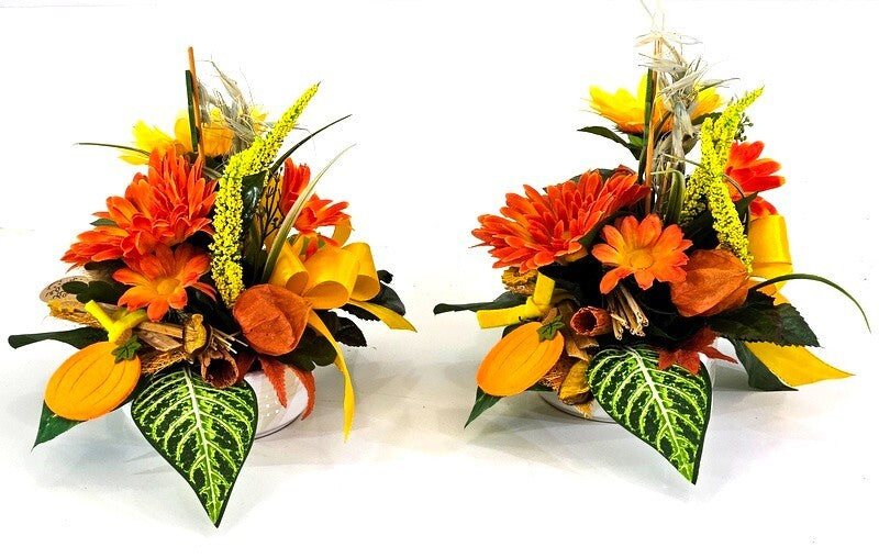 Gesteck 2 x Seide Gelb Orange Kunstblumen Sonnenblume Gerbera rund 25 cm Herbst