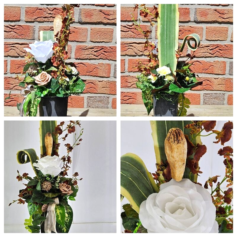 Orchideengesteck Seide Rostbraun Kunstblumen Metallgefäß konisch 70cm Dekoration