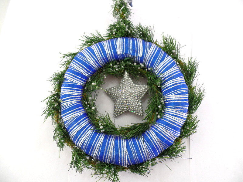 Türkranz Wandkranz Blau Silber Stern künstlich 25 cm Sterne Tannenbäume