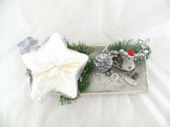 Adventsgesteck Weihnachten Tischschmuck Kerze Weiß Grau Silber Elchfigur