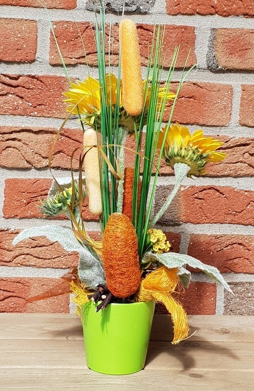 Gesteck Kunstblumen Sonnenblumen Mais im Topf Gelb Orange Figur Früchte