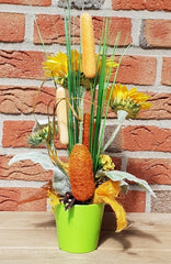 Gesteck Kunstblumen Sonnenblumen Mais im Topf Gelb Orange Figur Früchte