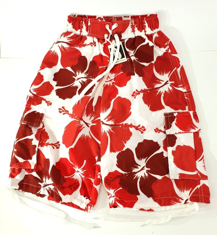 Badehosen Kinder 128-140 3 für 2  Badeshorts Hibiskus Shorts geblümt Rot Schwarz